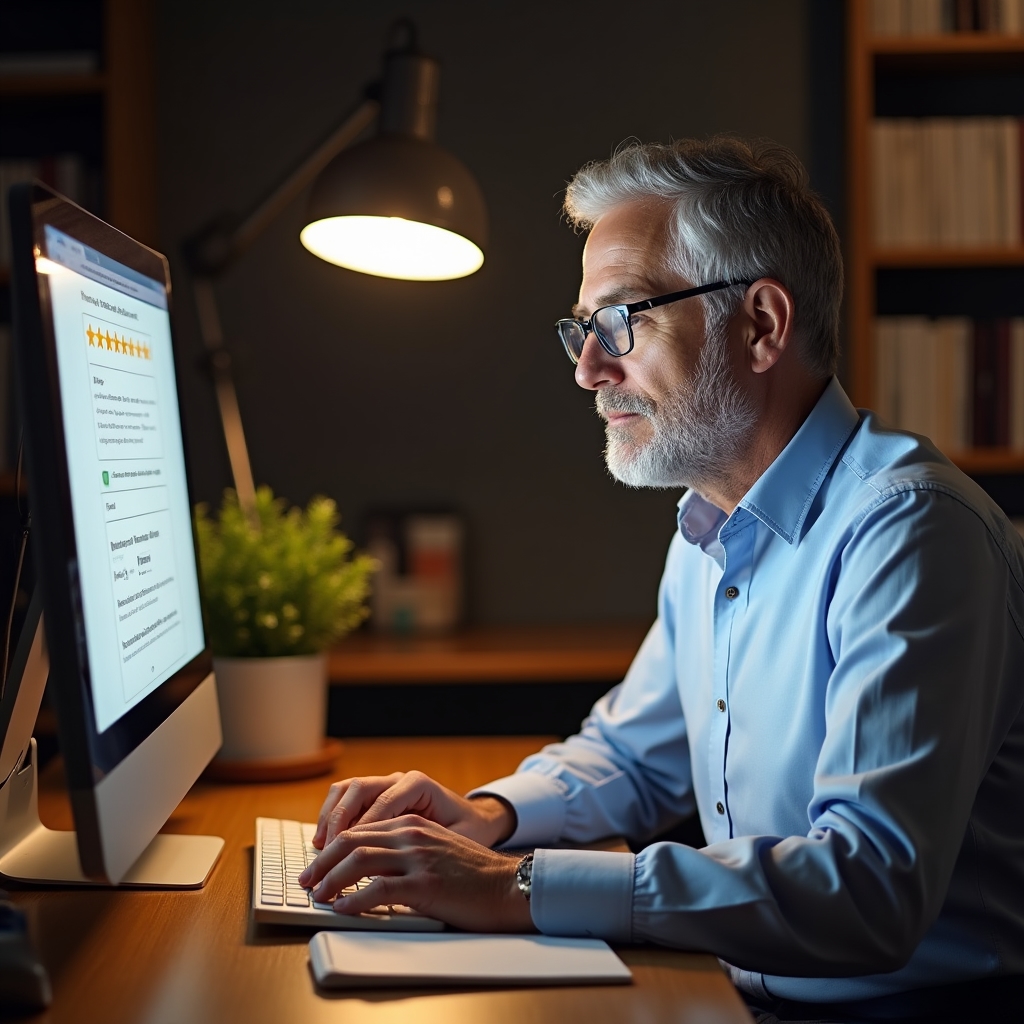 Business professional writing a thoughtful review response on a desktop computer