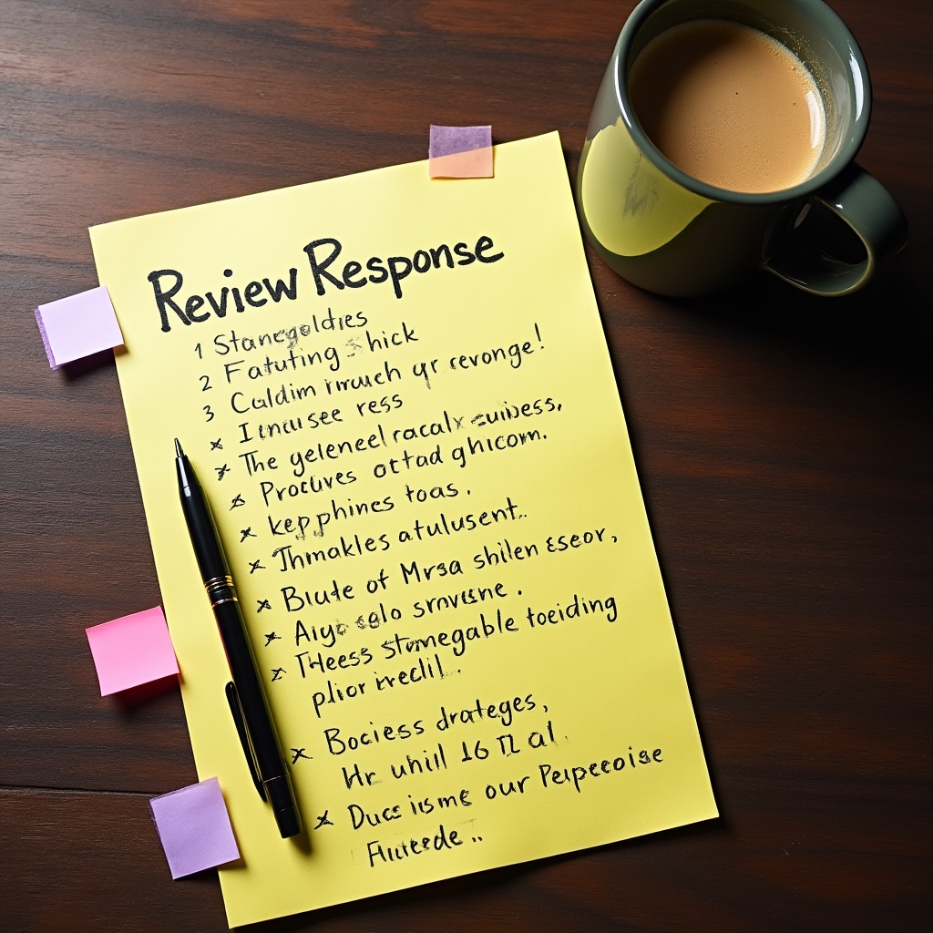 Overhead view of a notepad with review response strategy notes and a coffee cup on a wooden desk
